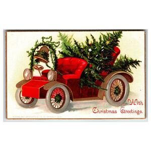 1908 Vintage Christmas Postcard Red Car with Tree by Int. Art Publ. Co.